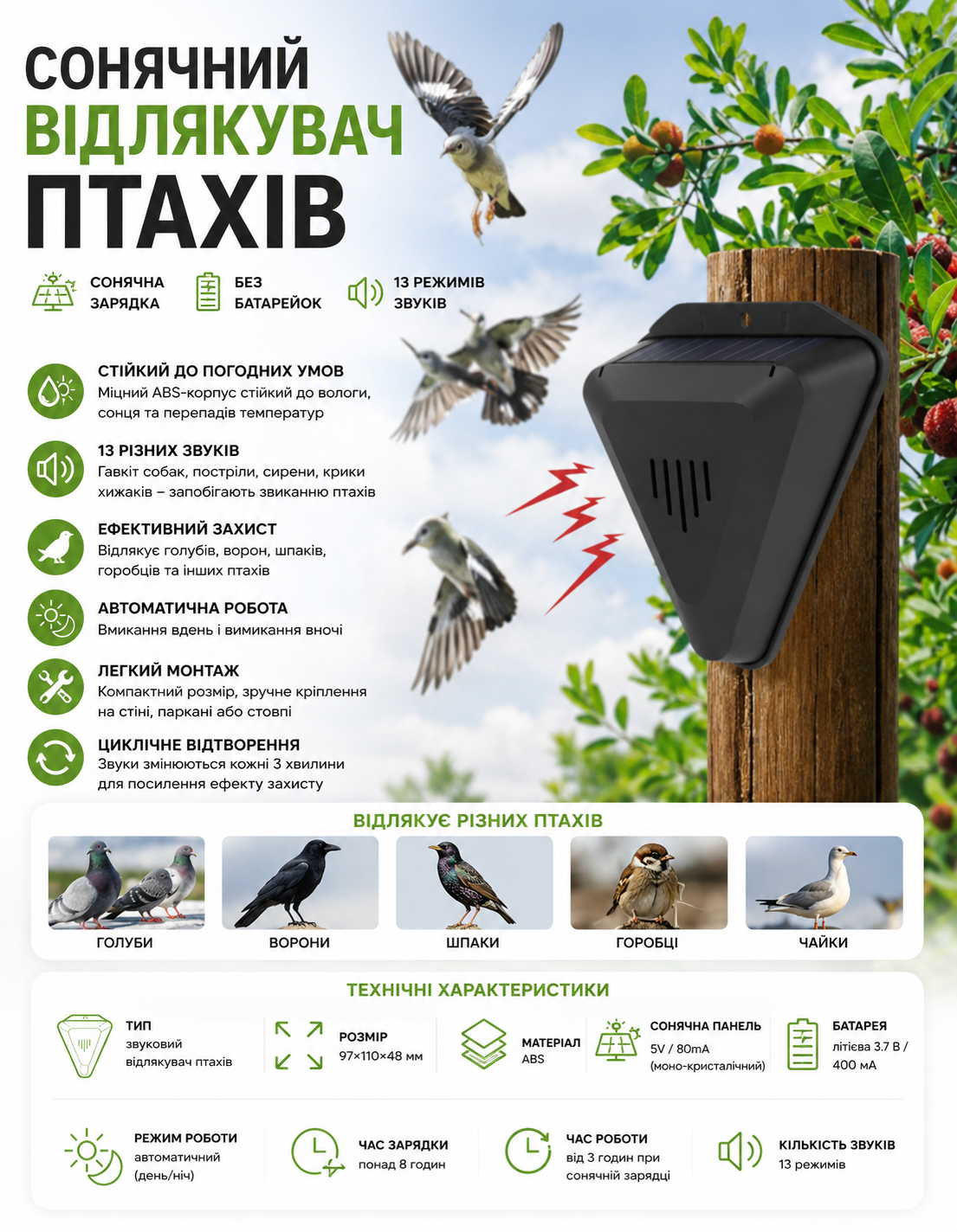 Відлякувач птахів на сонячній батареї купити Україна